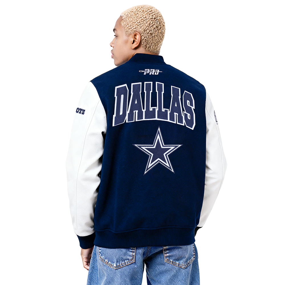 NFL DALLAS COWBOYS CITY ARCH MEN'S WOOL VARSITY JACKET (MIDNIGHT NAVY/WHITE)