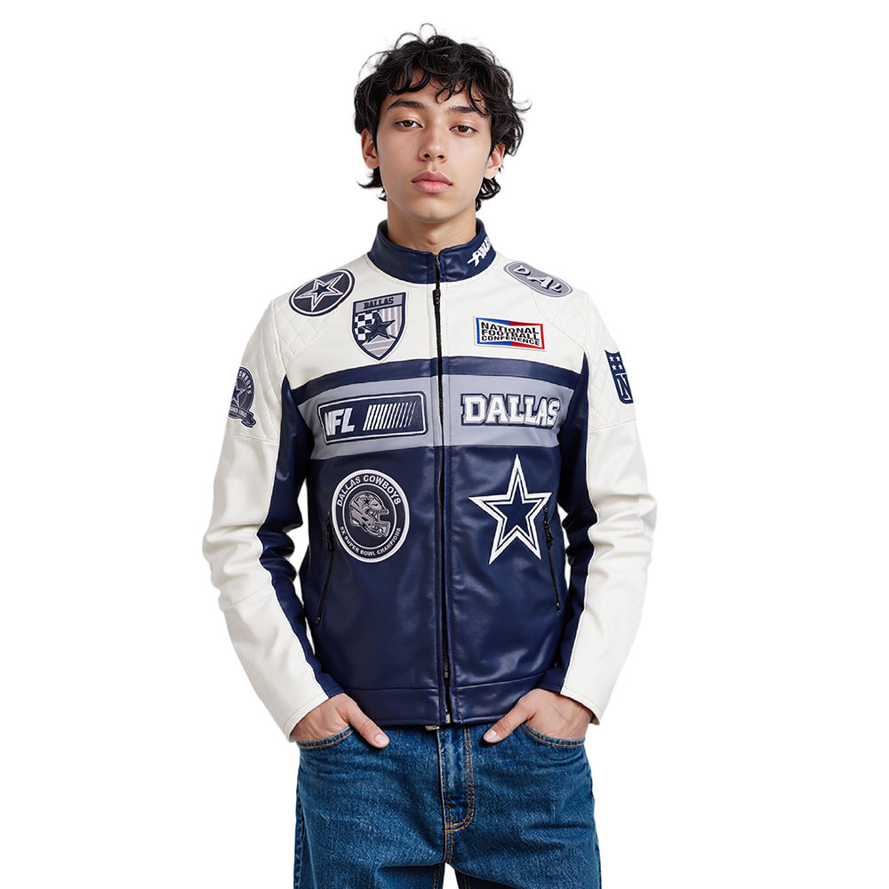 NFL DALLAS COWBOYS TURN IT UP MEN'S RIB WOOL VARSITY JACKET (MIDNIGHT NAVY/WHITE)