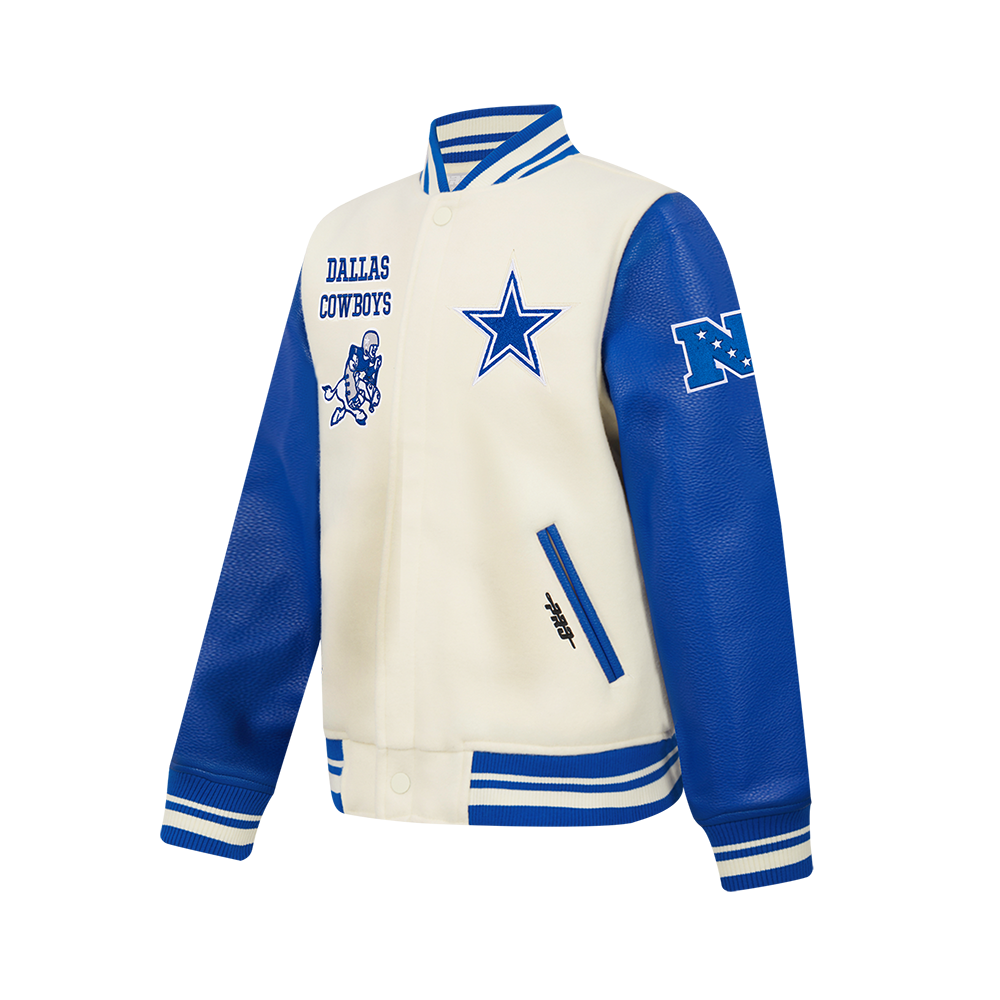 NFL DALLAS COWBOYS RETRO CLASSIC BIG BOYS RIB WOOL VARSITY JACKET (EGGSHELL/DODGER BLUE)