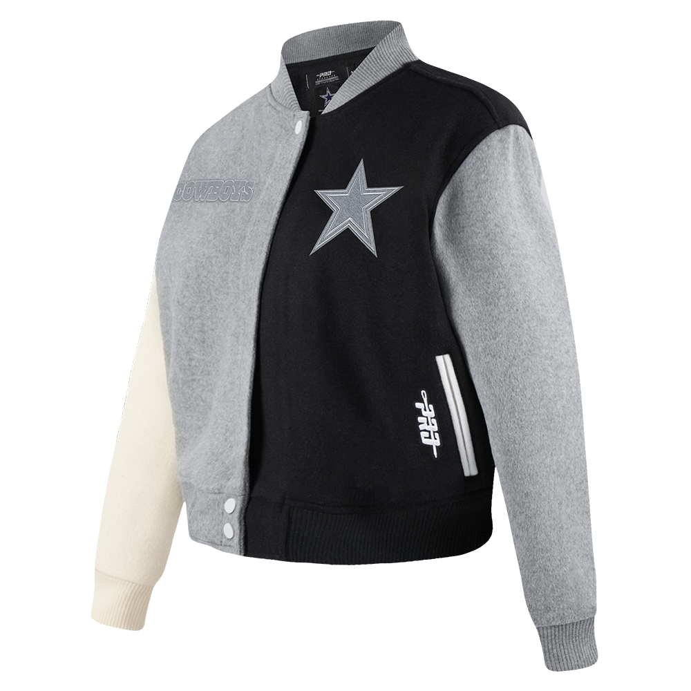 NFL DALLAS COWBOYS REVERSE FRENCH TERRY WOMEN'S WOOL VARSITY JACKET (BLACK/GRAY/EGGSHELL)