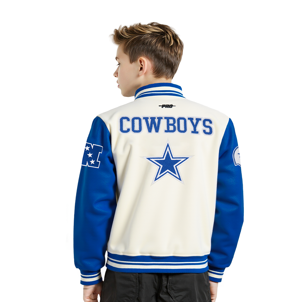 NFL DALLAS COWBOYS RETRO CLASSICS LITTLE BOY'S RIB WOOL VARSITY JACKET (EGGSHELL/DODGER BLUE)