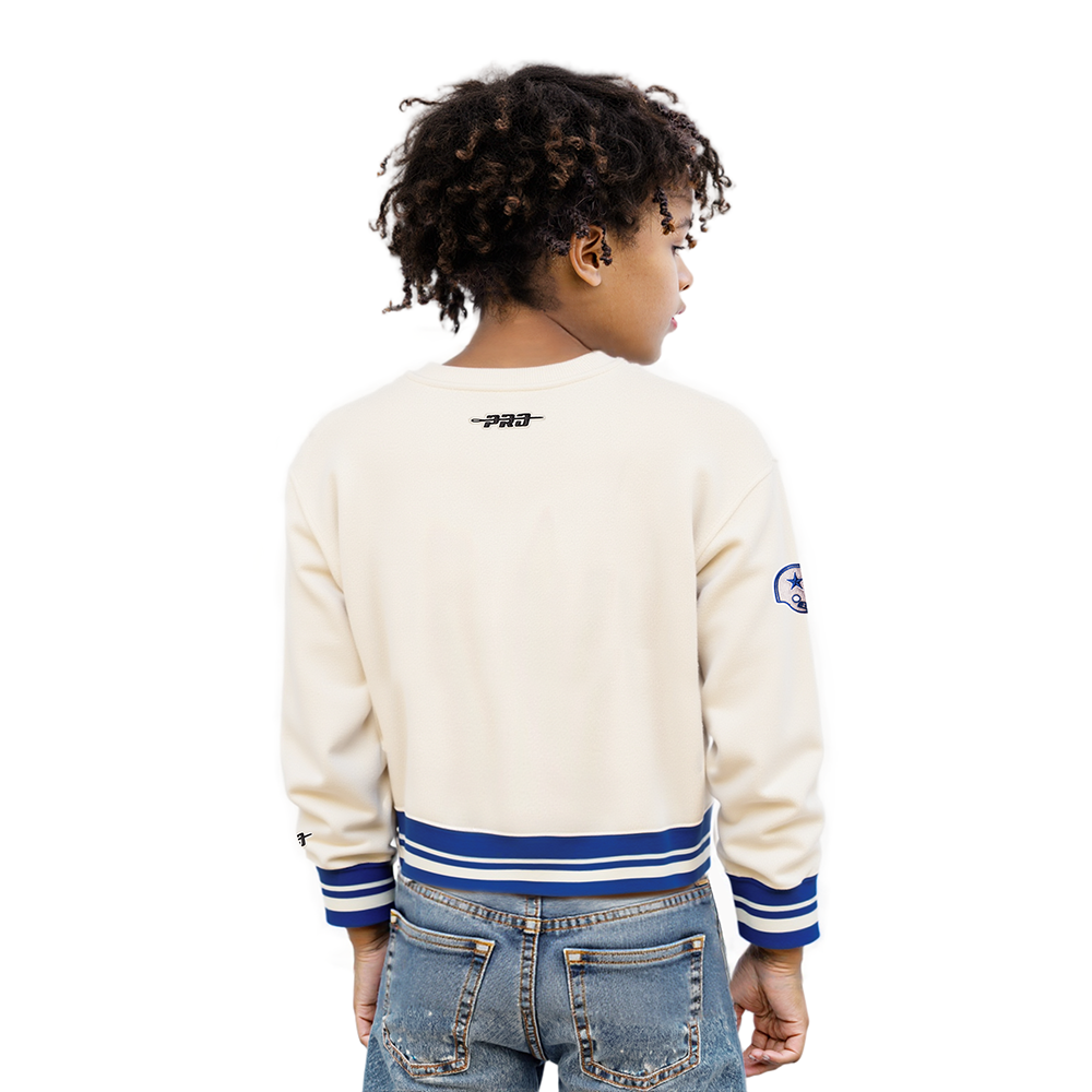 NFL DALLAS COWBOYS RETRO CLASSIC LITTLE GIRLS  RIB FLEECE CREWNECK (EGGSHELL/DODGER BLUE)