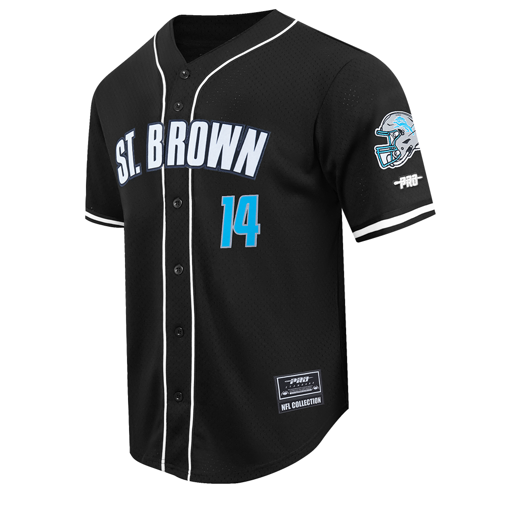 NFL DETROIT LIONS AMON RA ST. BROWN #14 CLASSIC MESH PNN MEN'S MESH BUTTON DOWN SHIRT (BLACK)