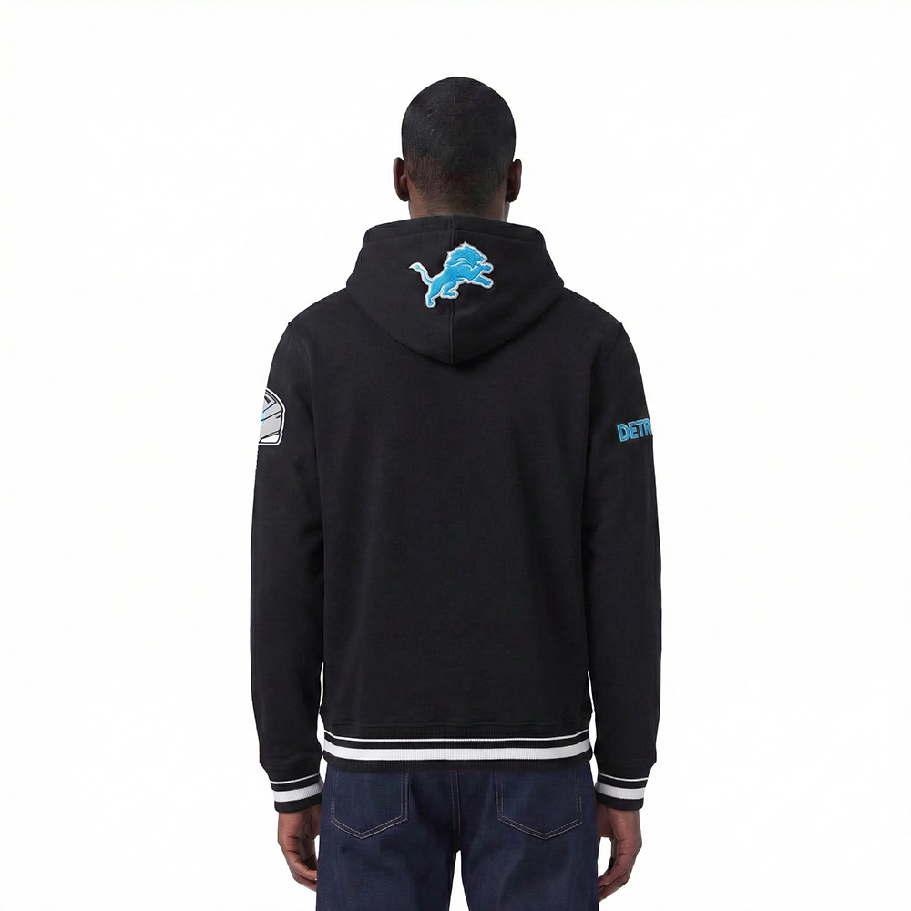 NFL DETROIT LIONS SCRIPT TAIL MEN'S RIB FLEECE PULLOVER HOODIE (BLACK)