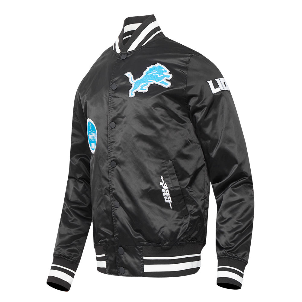 NFL DETROIT LIONS OLD ENGLISH MEN'S RIB SATIN JACKET (BLACK)
