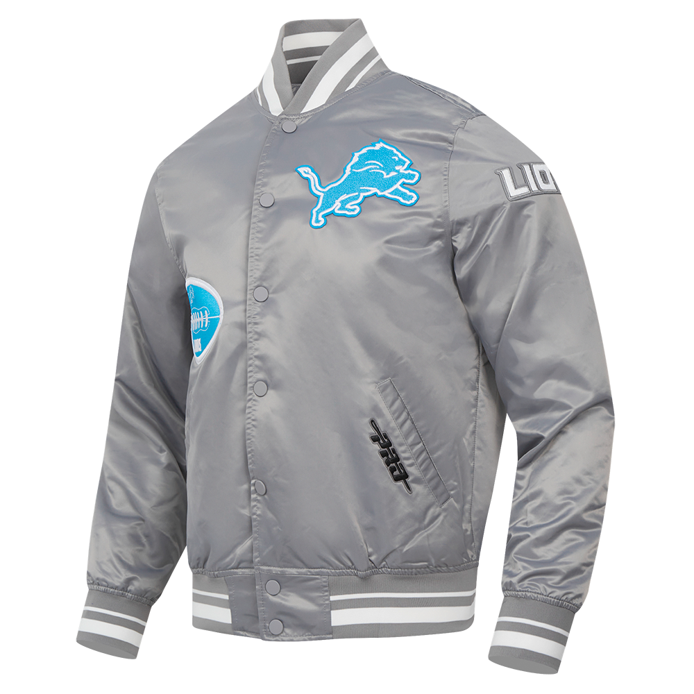 NFL DETROIT LIONS OLD ENGLISH MEN'S RIB SATIN JACKET (GRAY)