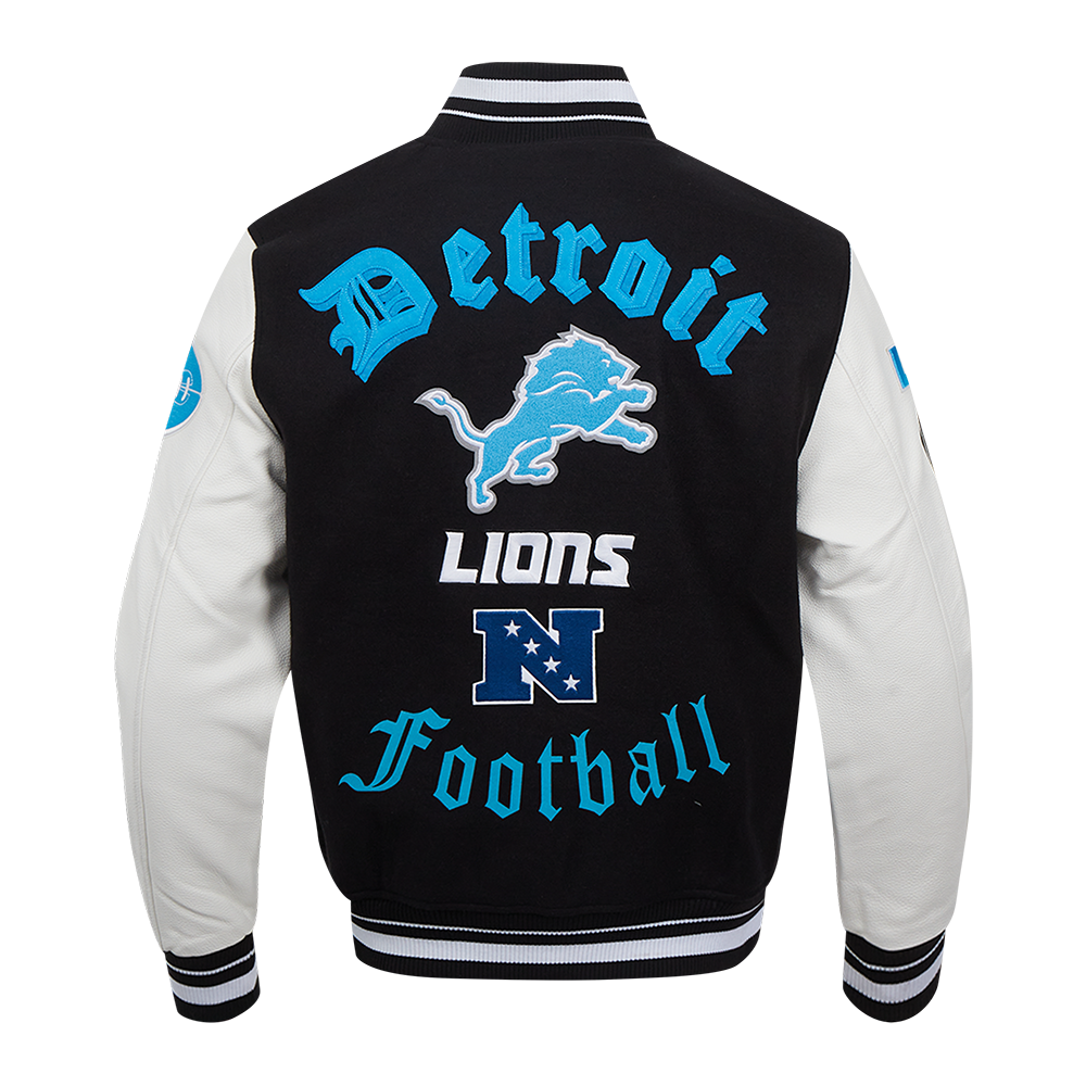 NFL DETROIT LIONS OLD ENGLISH MEN S RIB WOOL VARSITY JACKET BLACK WHI Pro Standard