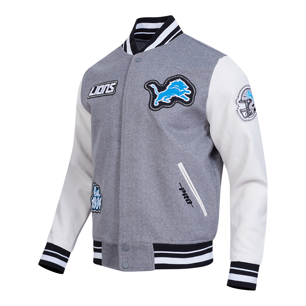 NFL DETROIT LIONS DIY PICK STITCH MEN'S RIB WOOL VARSITY JACKET (HEATHER GREY/WHITE/BLACK)