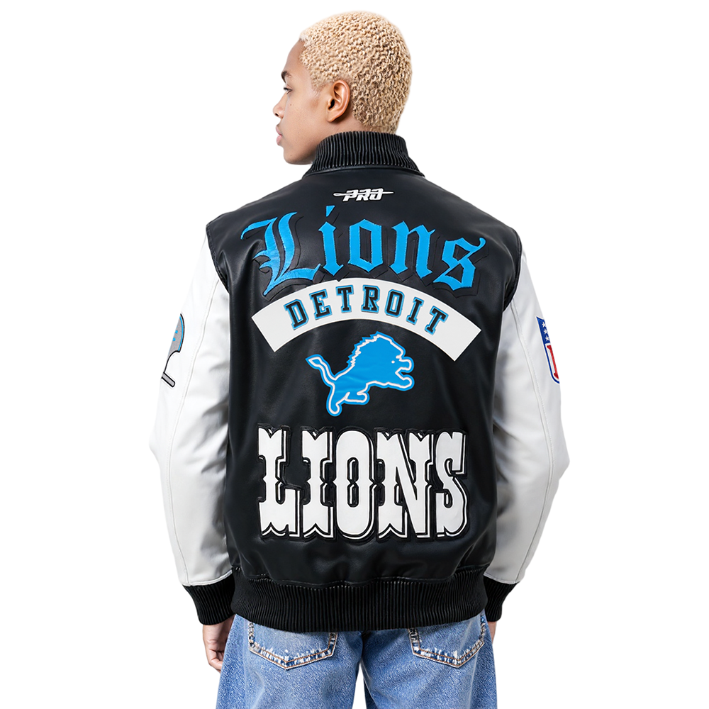 NFL DETROIT LIONS BEST OF MEN'S LEATHER VARSITY JACKET (BLACK/WHITE)