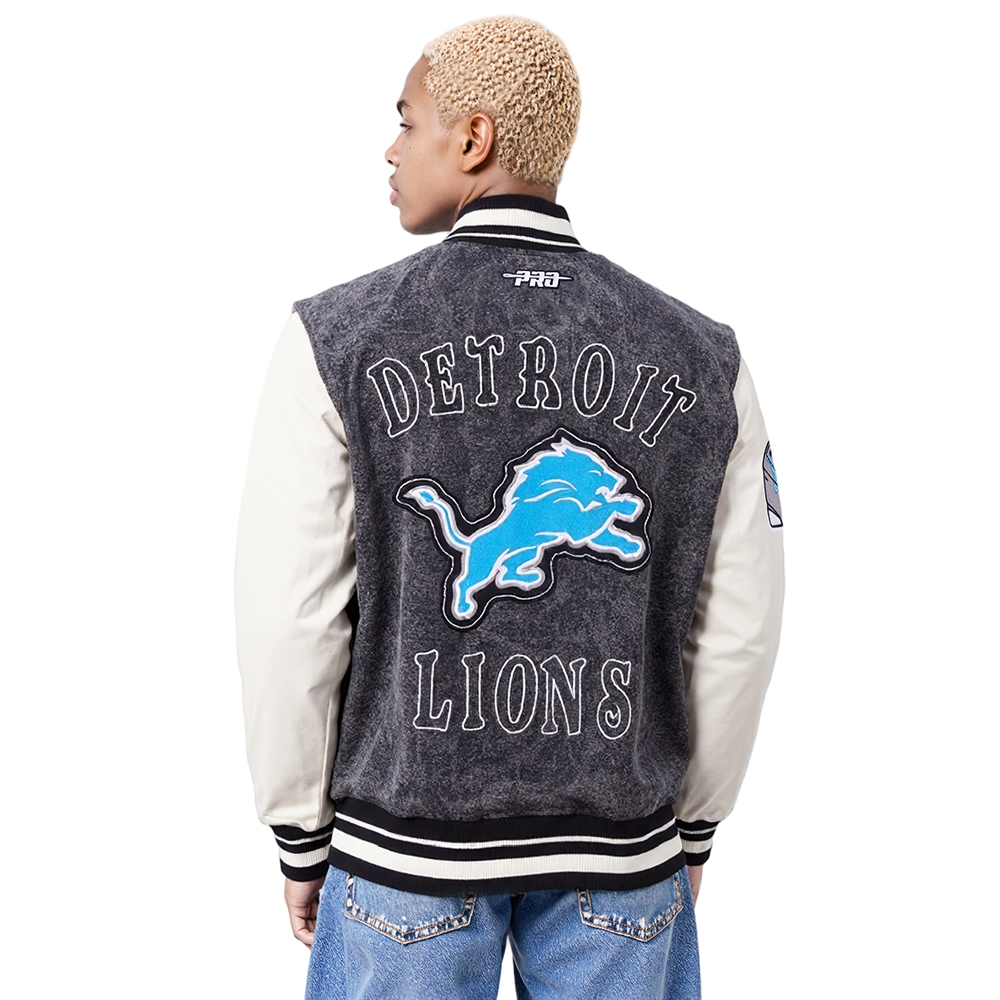 NFL DETROIT LIONS REBEL ATHLETICS MEN'S DENIM VARSITY JACKET (WASHED BLACK/EGGSHELL)