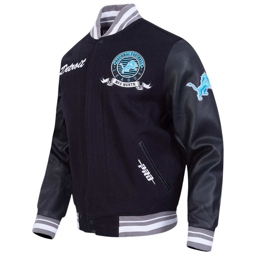 NFL DETROIT LIONS TEAM BADGE MEN'S RIB WOOL VARSITY JACKET (BLACK/GRAY)