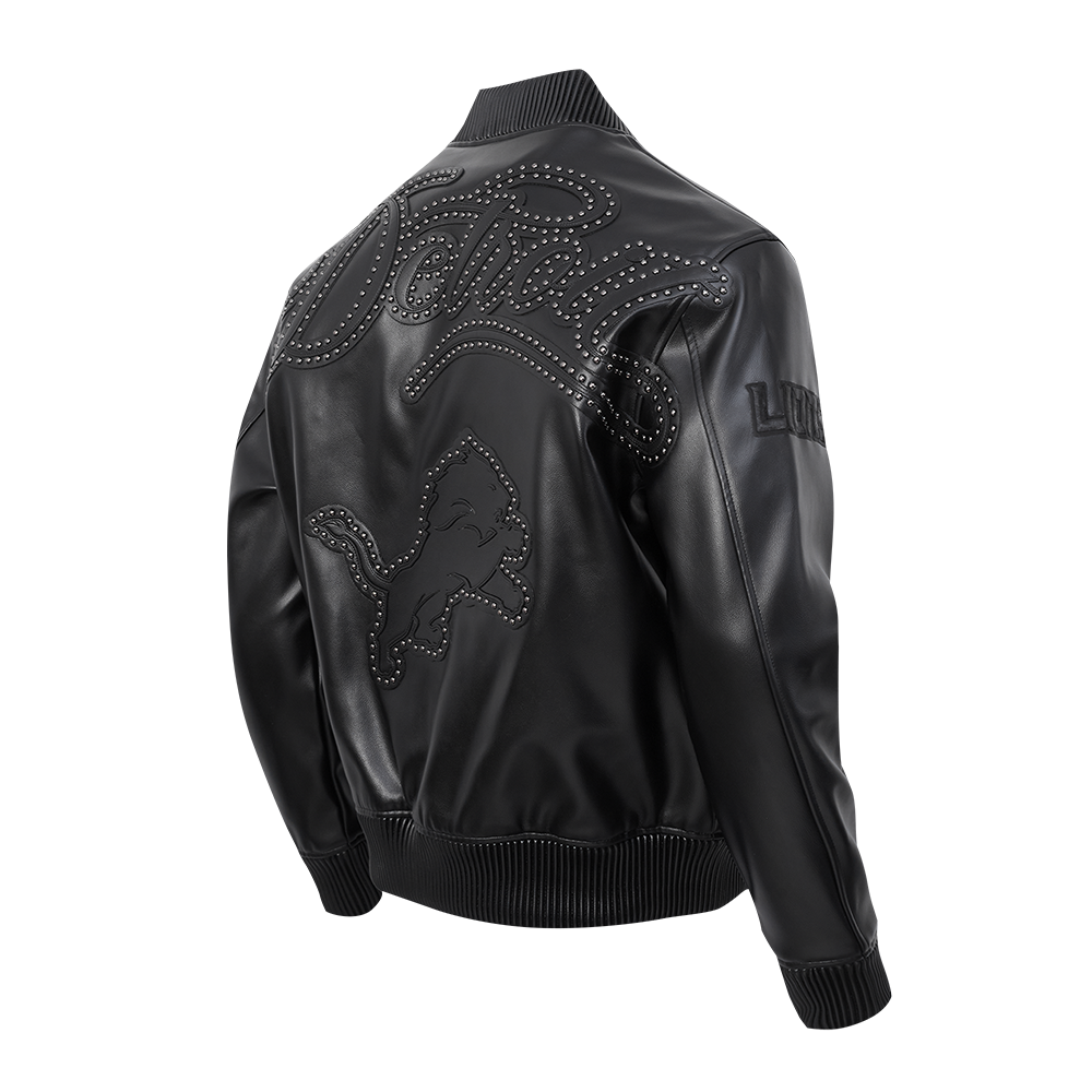 NFL DETROIT LIONS BLACKOUT MEN'S LEATHER VARSITY JACKET (JET BLACK)