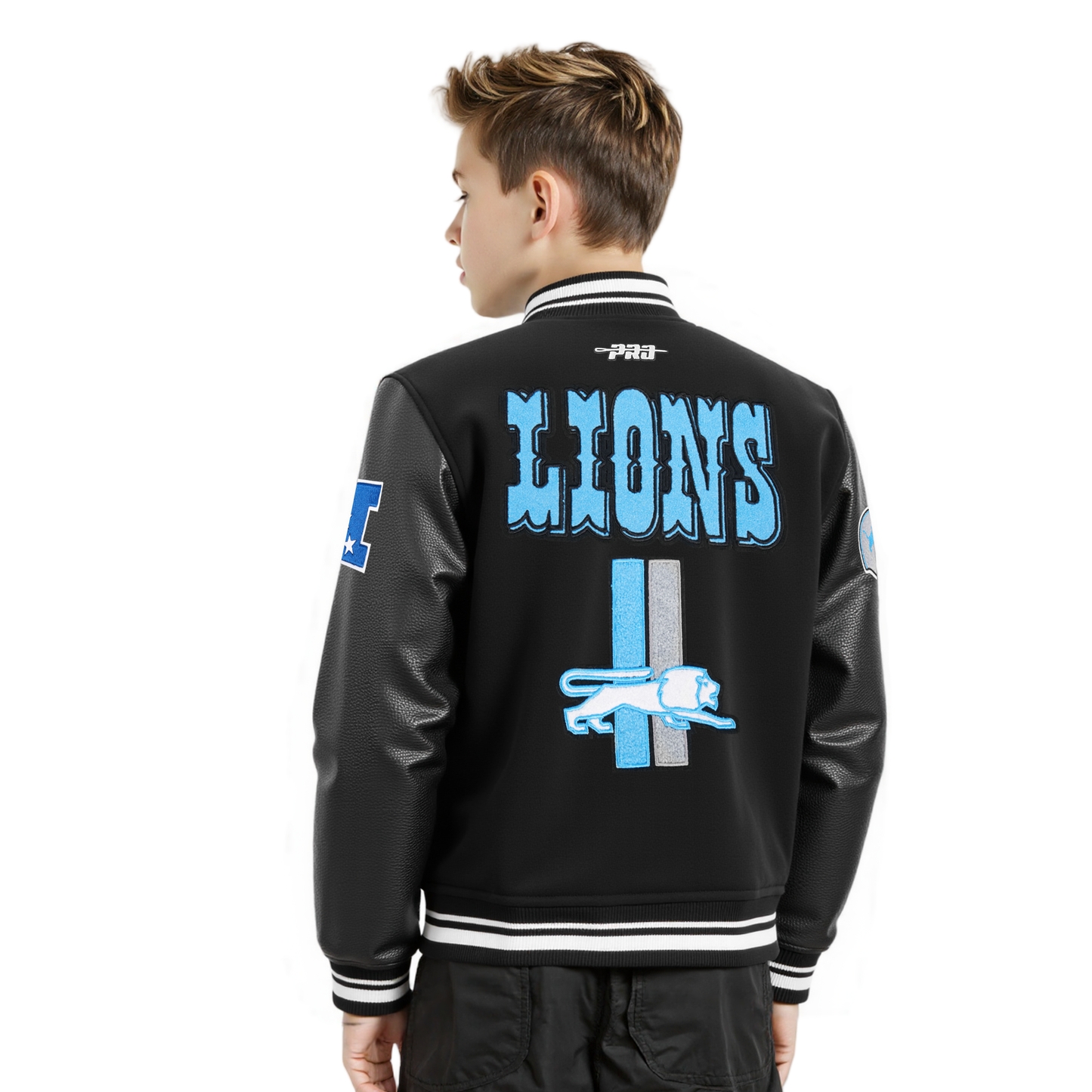 NFL DETROIT LIONS RETRO CLASSIC BIG BOYS RIB WOOL VARSITY JACKET (BLACK)