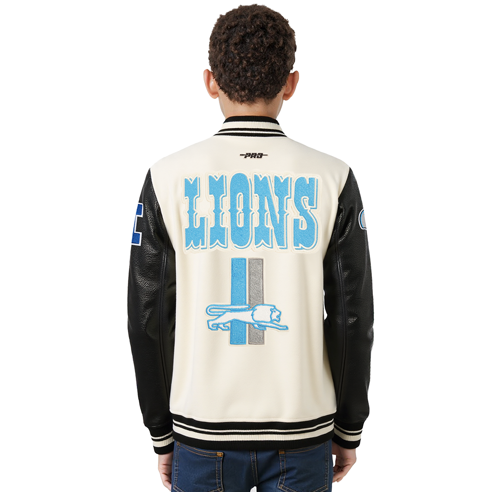 NFL DETROIT LIONS RETRO CLASSIC BIG BOYS RIB WOOL VARSITY JACKET (EGGSHELL/ BLACK)