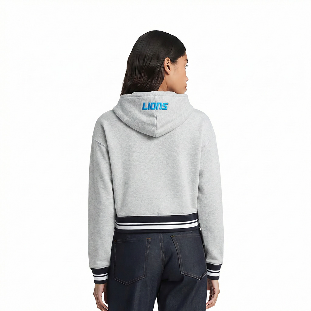 NFL DETROIT LIONS SCRIPT TAIL WOMEN'S RIB FLEECE CROPPED PULLOVER HOODIE (HEATHER GRAY/BLACK)