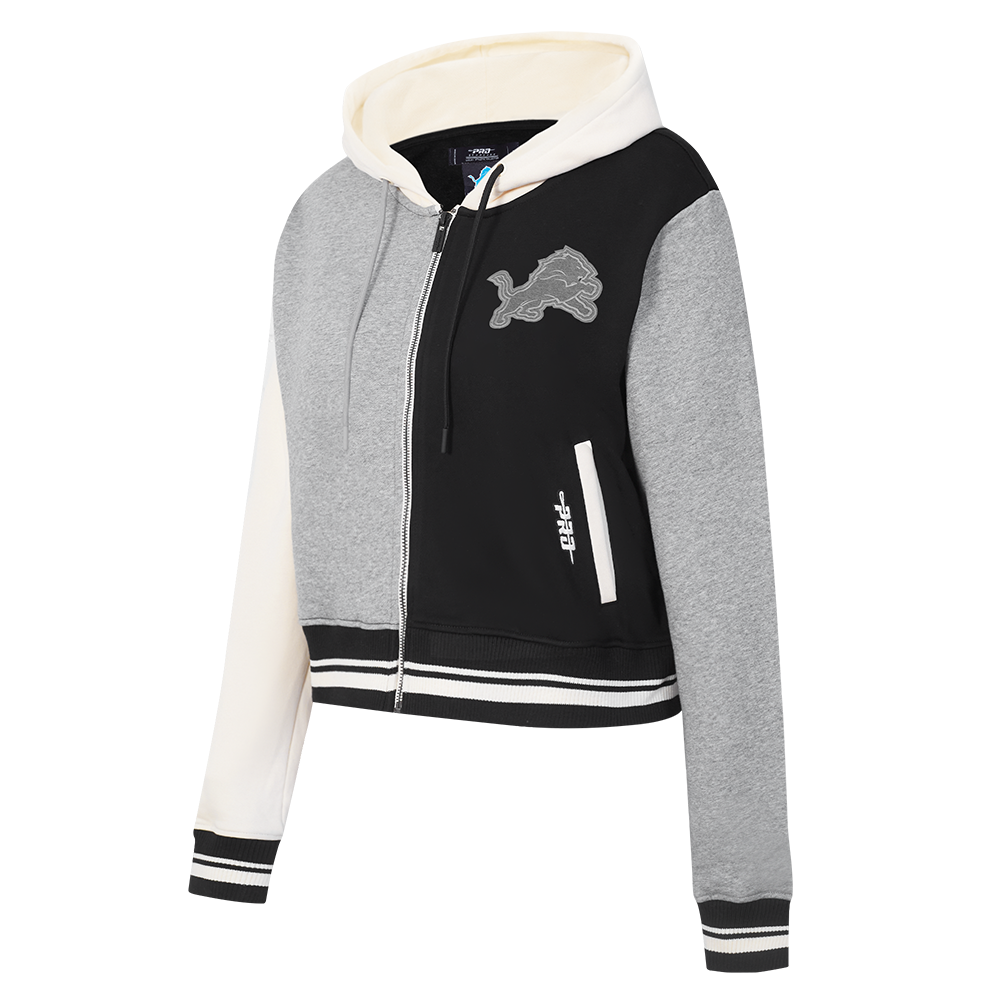 NFL DETROIT LIONS REVERSE FRENCH TERRY WOMEN'S COLOR BLOCK FLEECE FULL ZIP HOODIE (BLACK/GRAY/EGGSHELL)