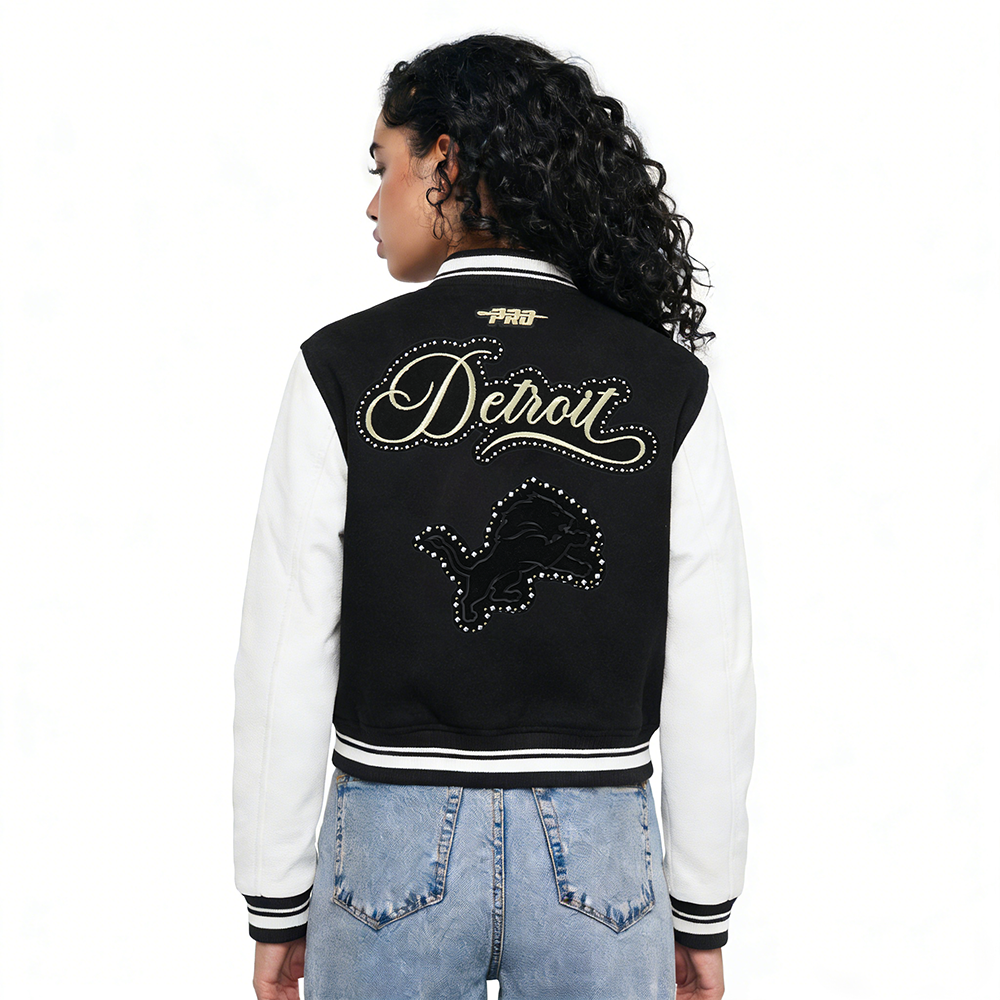NFL DETROIT LIONS RENEGADE WOMEN'S RIB CROPPED WOOL VARSITY JACKET (BLACK/WHITE)