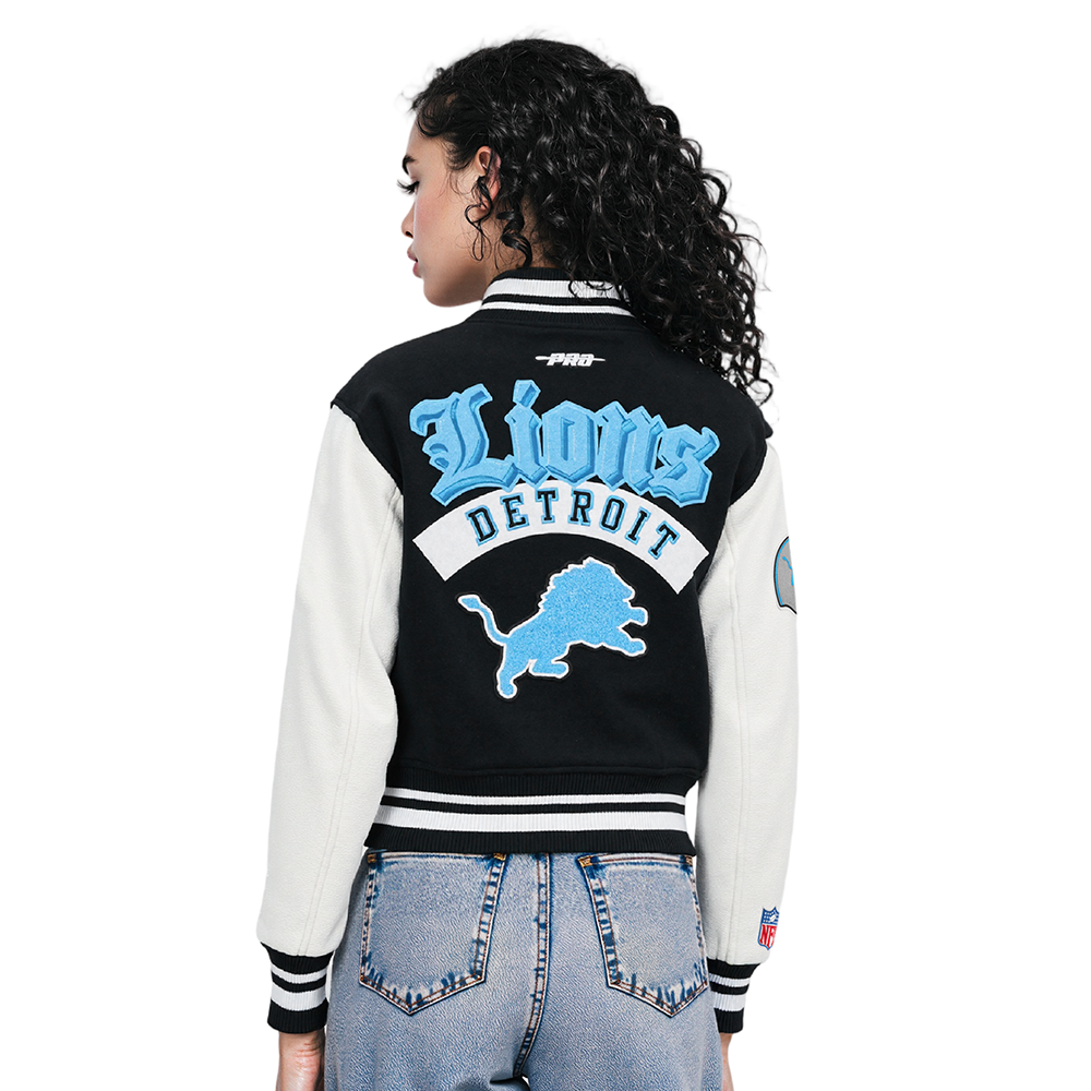 NFL DETROIT LIONS BEST OF WOMEN'S CROPPED RIB WOOL VARSITY JACKET (BLACK/WHITE)