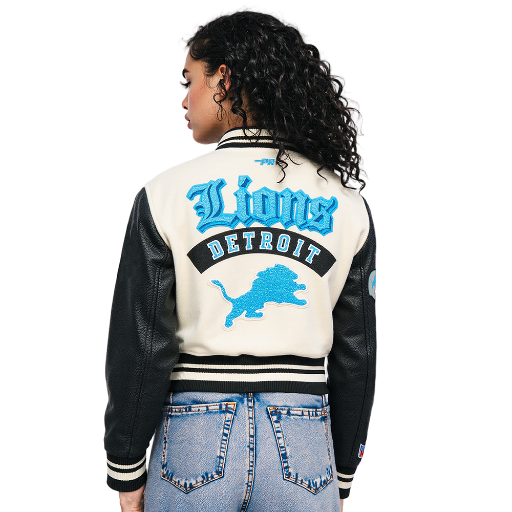 NFL DETROIT LIONS BEST OF WOMEN'S CROPPED RIB WOOL VARSITY JACKET (EGGSHELL/ BLACK)