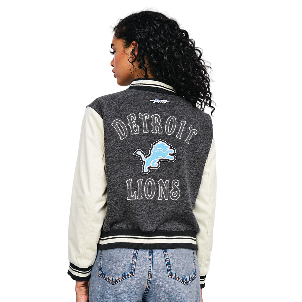 NFL DETROIT LIONS REBEL ATHLETICS WOMEN'S DENIM JACKET (WASHED BLACK/EGGSHELL)