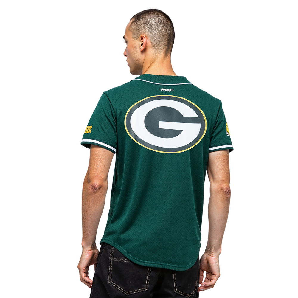 NFL GREEN BAY PACKERS SCRIPT TAIL MEN'S MESH BUTTON DOWN SHIRT (FOREST GREEN)