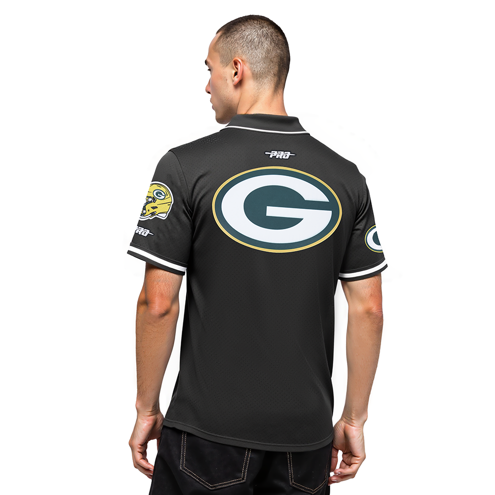 NFL GREEN BAY PACKERS JORDAN LOVE #10 CLASSIC MESH PNN MEN'S MESH BUTTON DOWN SHIRT (BLACK)