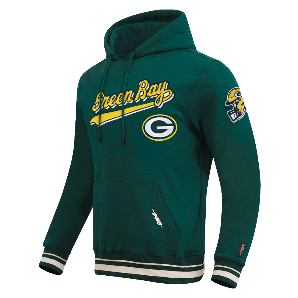 NFL GREEN BAY PACKERS SCRIPT TAIL MEN'S RIB FLC PO HOODIE (FOREST GREEN)