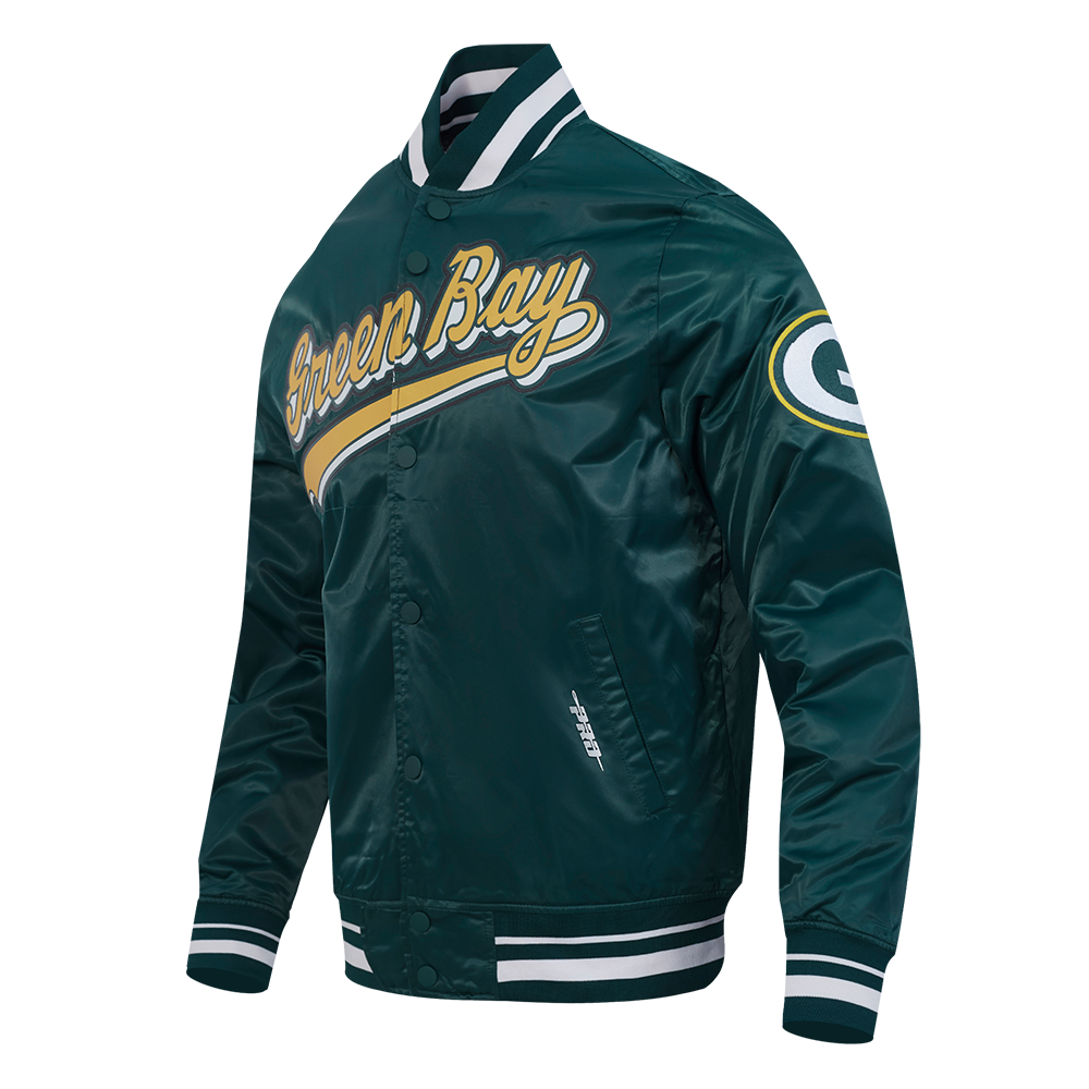 NFL GREEN BAY PACKERS SCRIPT TAIL MEN'S SATIN JACKET (FOREST GREEN)