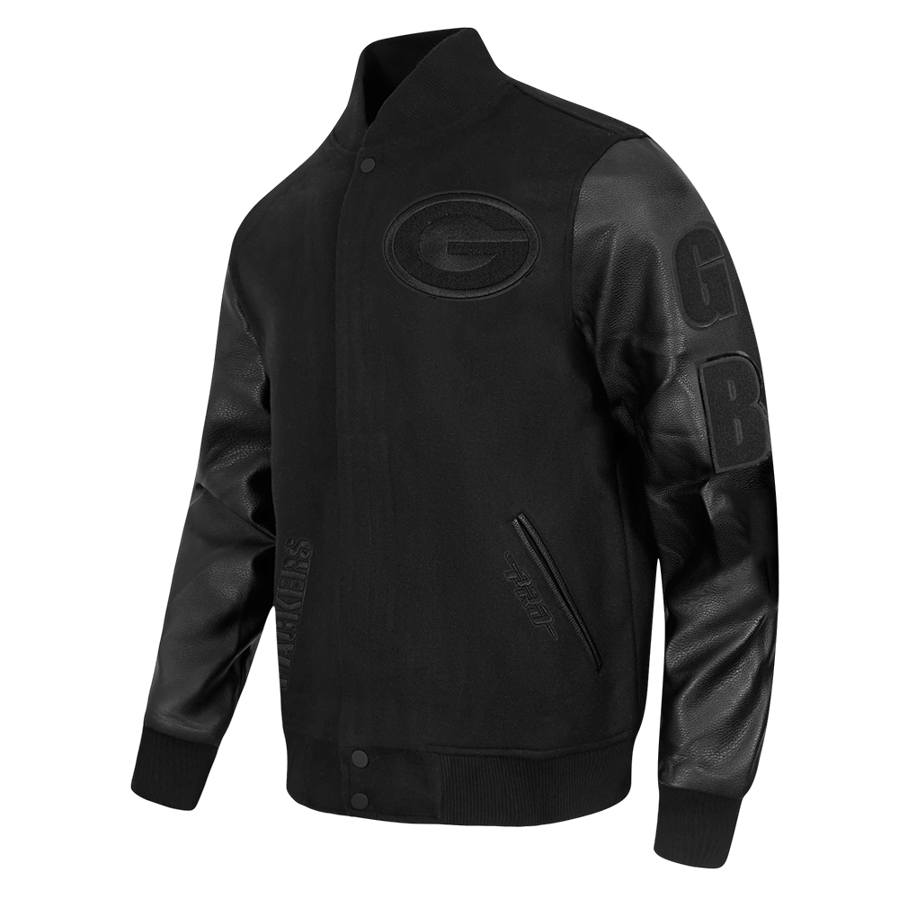 NFL GREEN BAY PACKERS TRIPLE BLACK MEN'S WOOL VARSITY JACKET (TRIPLE BLACK MEN'S)