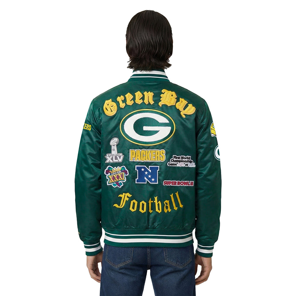 NFL GREEN BAY PACKERS OLD ENGLISH MEN'S RIB SATIN JACKET (FOREST GREEN)