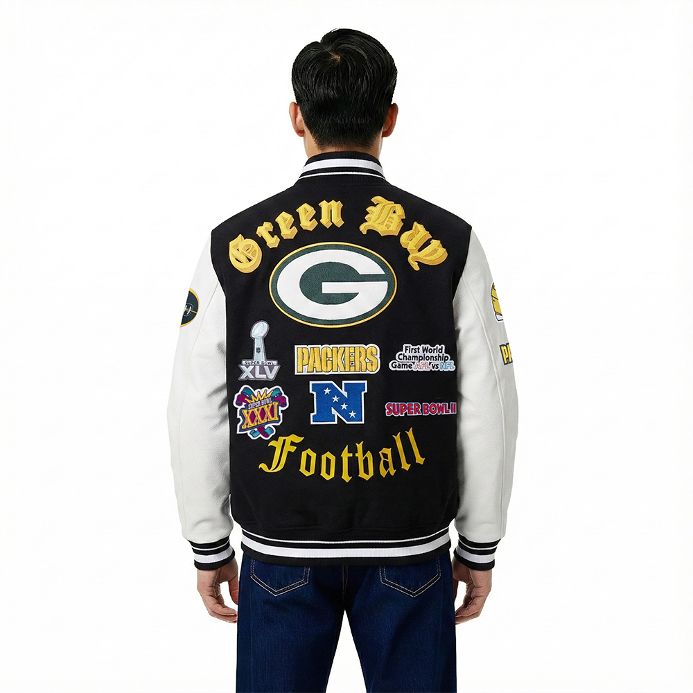NFL GREEN BAY PACKERS OLD ENGLISH MEN'S RIB WOOL VARSITY JACKET (BLACK/WHITE)