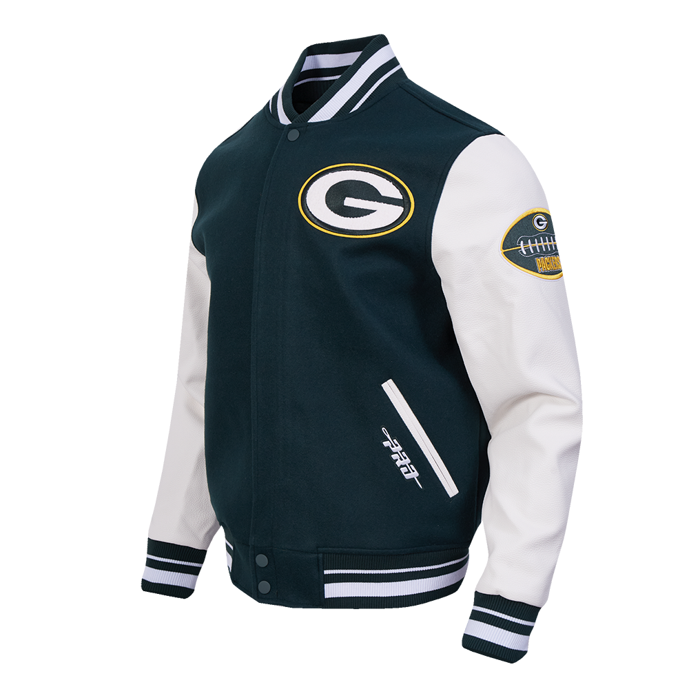 NFL GREEN BAY PACKERS OLD ENGLISH MEN'S RIB WOOL VARSITY JACKET (FOREST GREEN/WHITE)