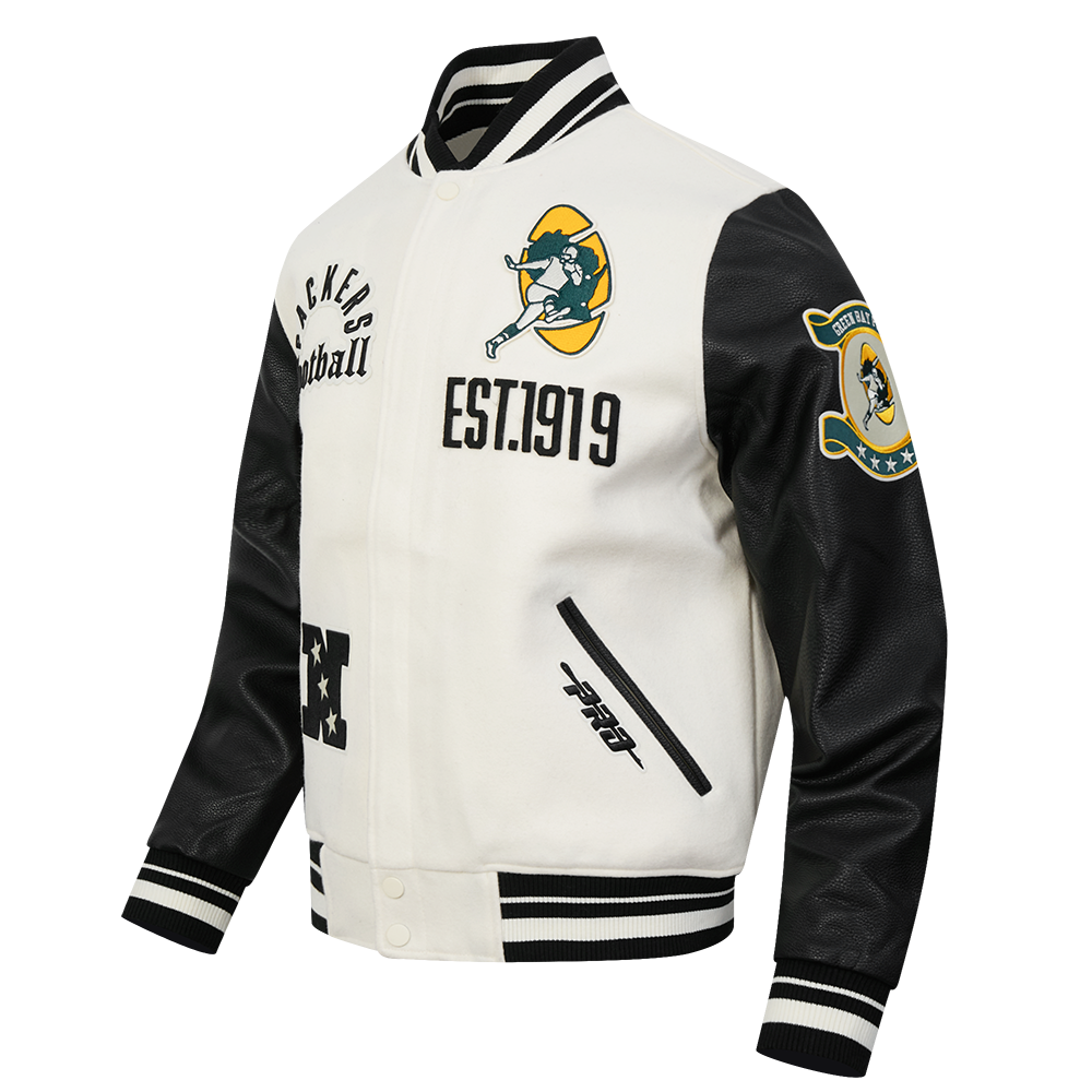 NFL GREEN BAY PACKERS MODERN ORIGINALS MEN'S RIB WOOL VARSITY JACKET (EGGSHELL/ BLACK)