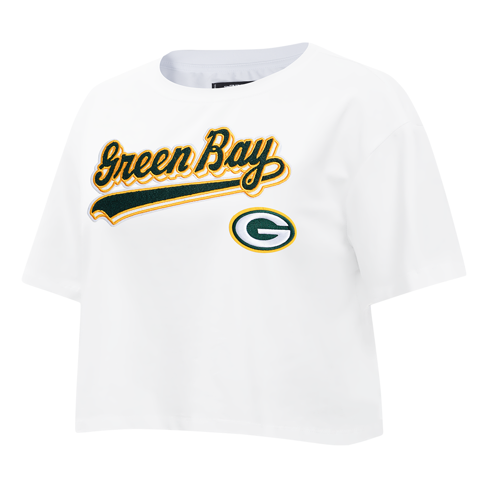 NFL GREEN BAY PACKERS SCRIPT TAIL WOMEN'S SJ BOXY TEE (WHITE)