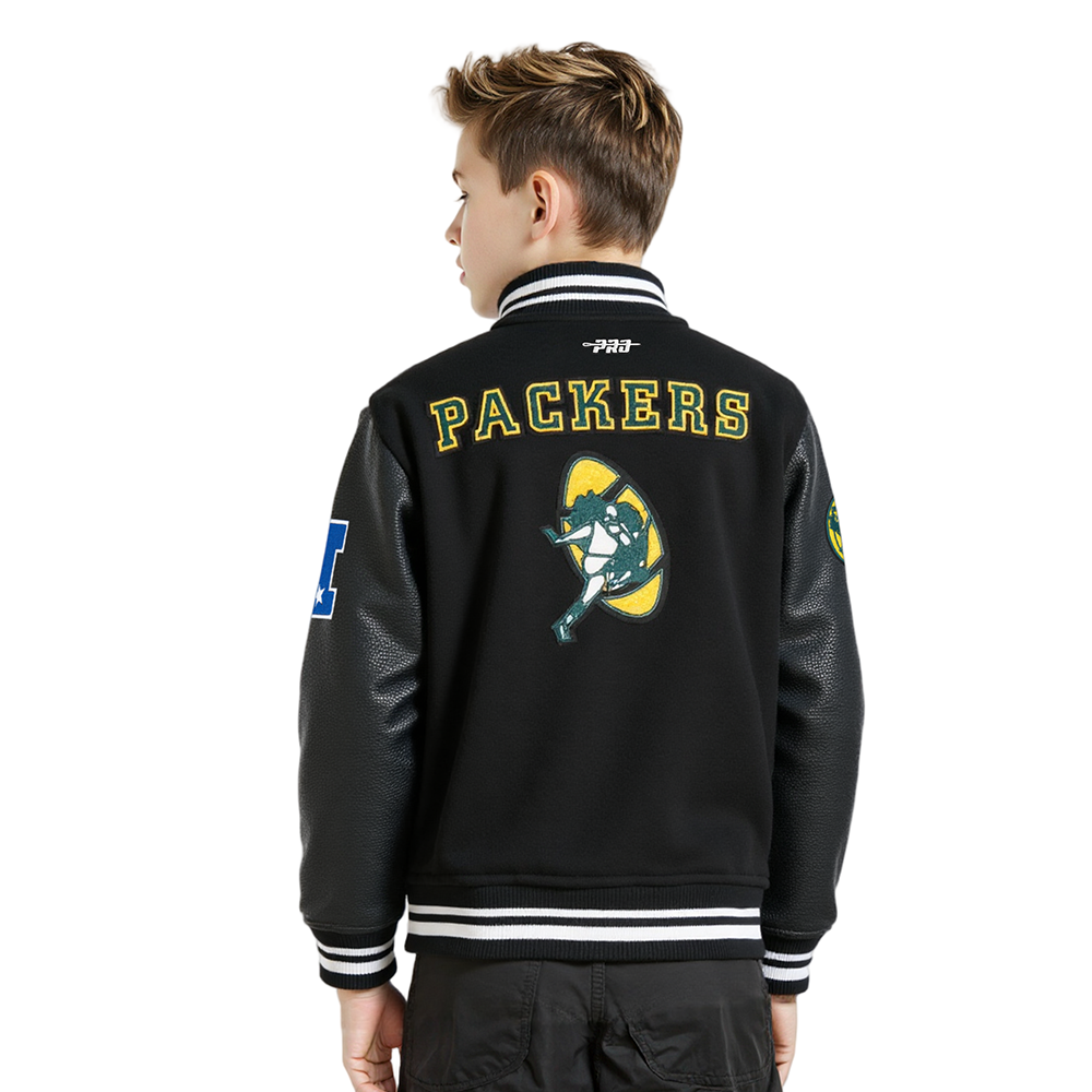 NFL GREEN BAY PACKERS RETRO CLASSIC BIG BOYS RIB WOOL VARSITY JACKET (BLACK)