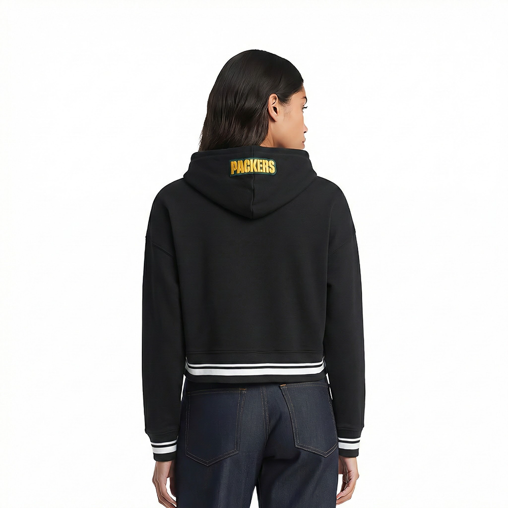 NFL GREEN BAY PACKERS SCRIPT TAIL WOMEN'S RIB FLC CROPPED PO HOODIE (BLACK)