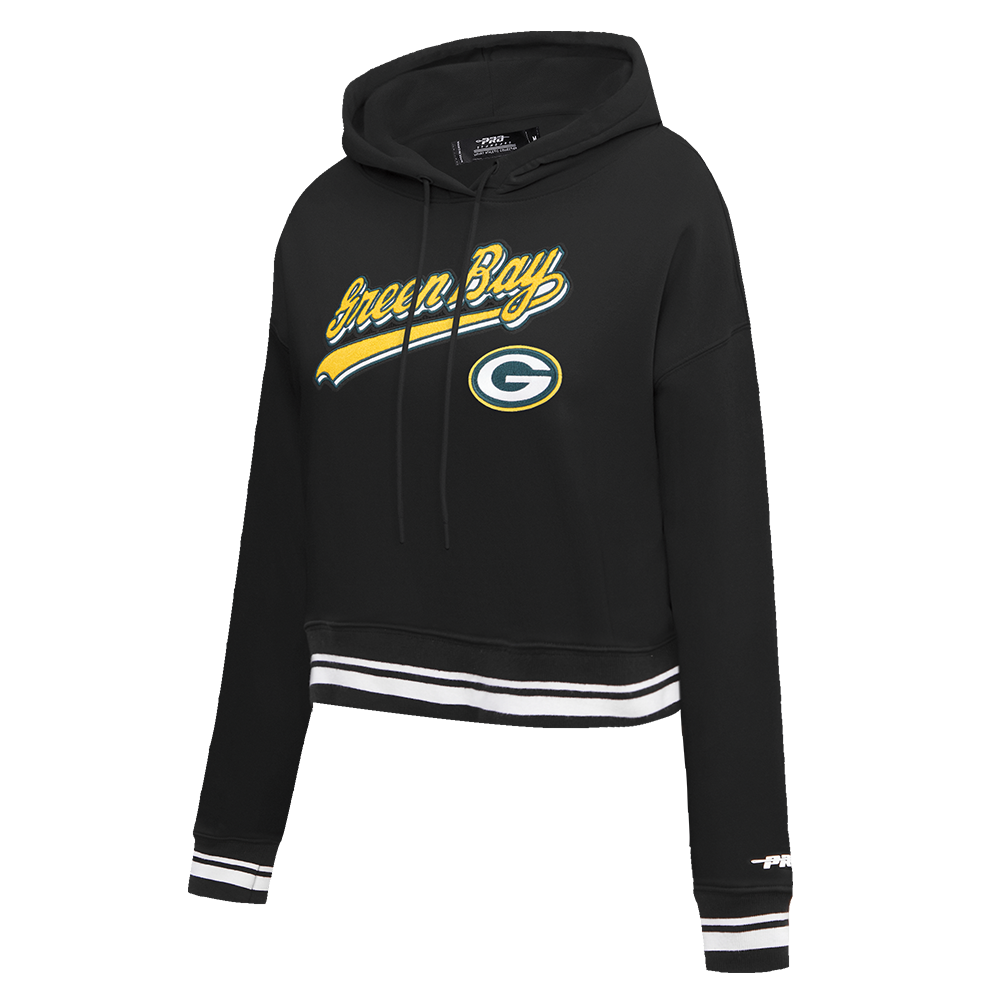 NFL GREEN BAY PACKERS SCRIPT TAIL WOMEN'S RIB FLC CROPPED PO HOODIE (BLACK)