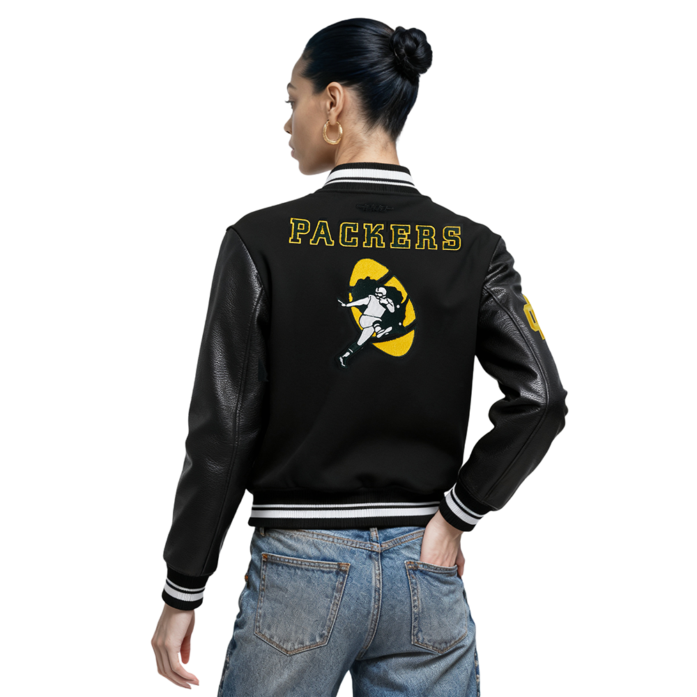 NFL GREEN BAY PACKERS RETRO CLASSIC WOMEN'S RIB WOOL VARSITY JACKET (BLACK)