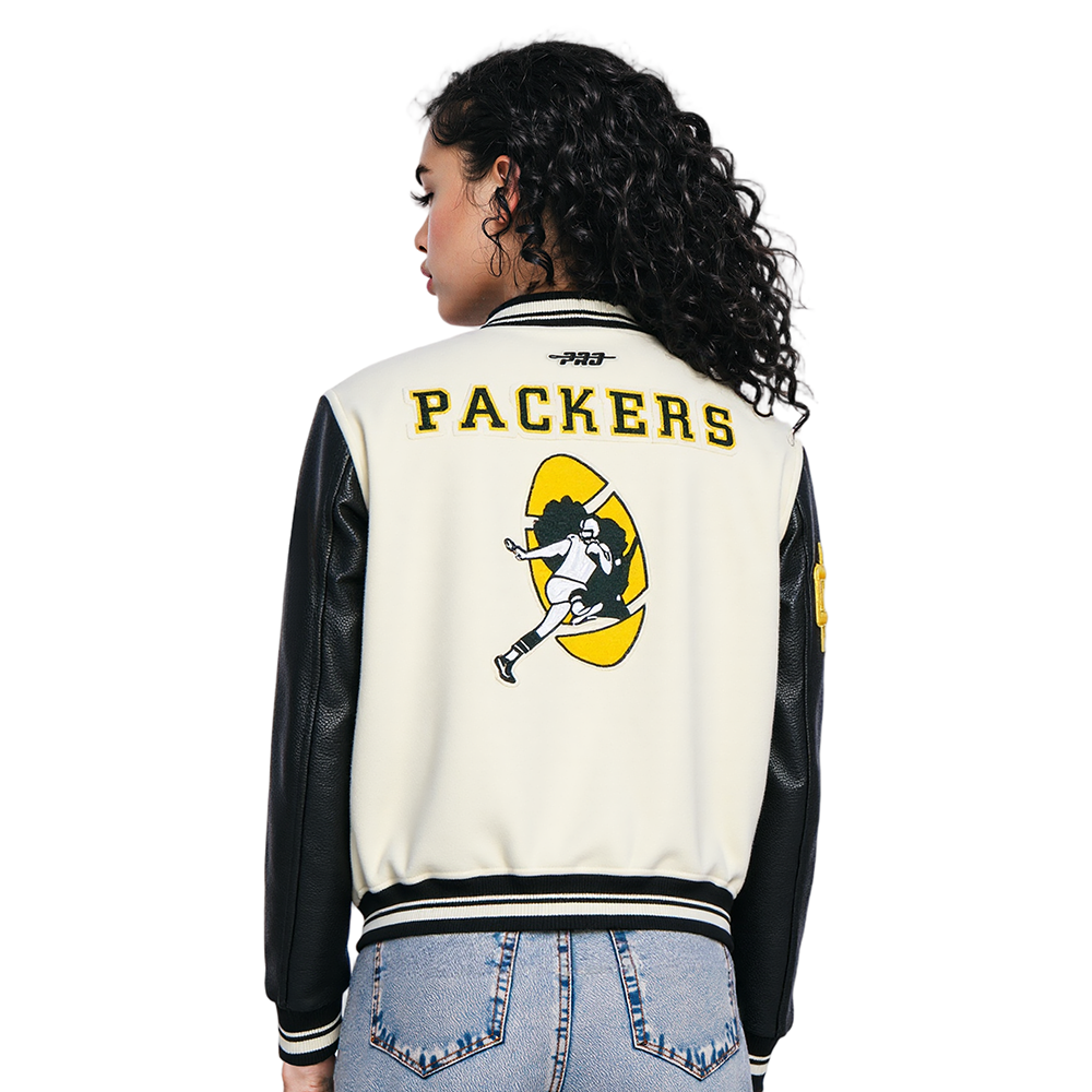 NFL GREEN BAY PACKERS RETRO CLASSIC WOMEN'S RIB WOOL VARSITY JACKET (EGGSHELL/ BLACK)
