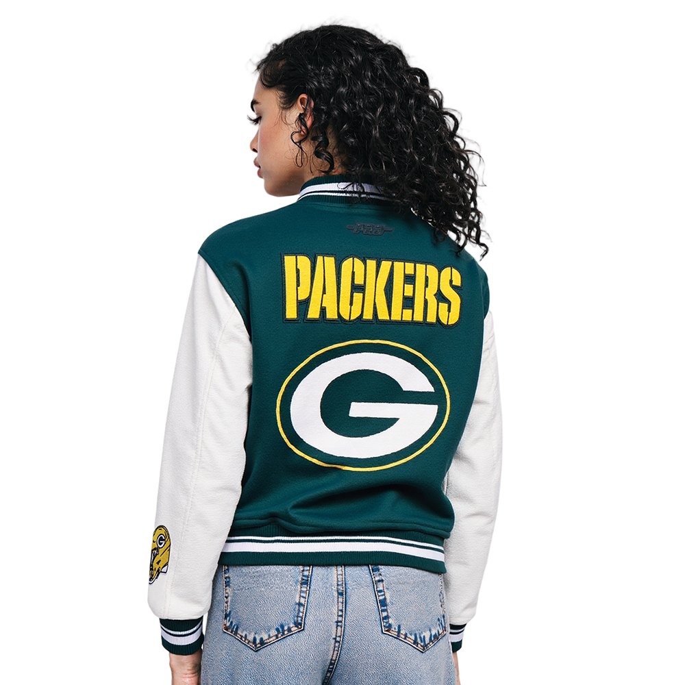 NFL GREEN BAY PACKERS MASHUP WOMEN'S RIB WOOL VARSITY JACKET (FOREST GREEN/WHITE)