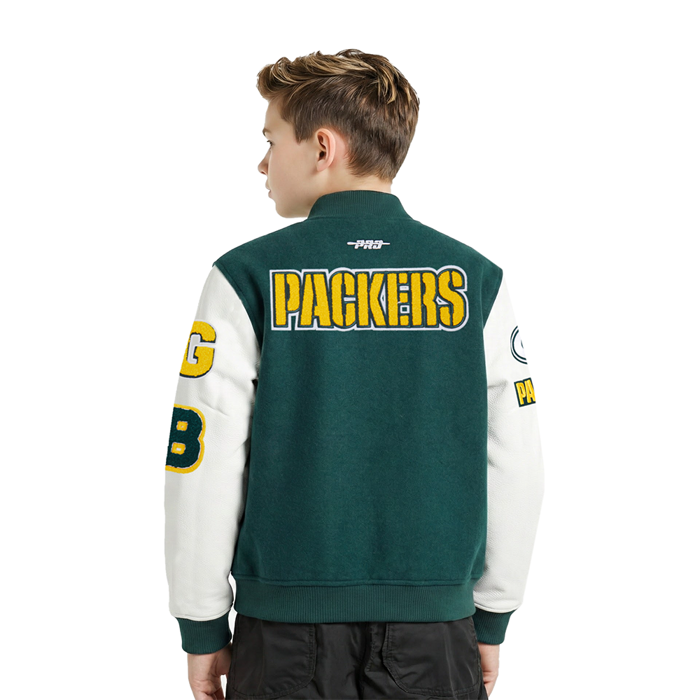 NFL GREEN BAY PACKERS CLASSIC LITTLE BOY'S WOOL VARSITY JACKET (FOREST GREEN/WHITE)