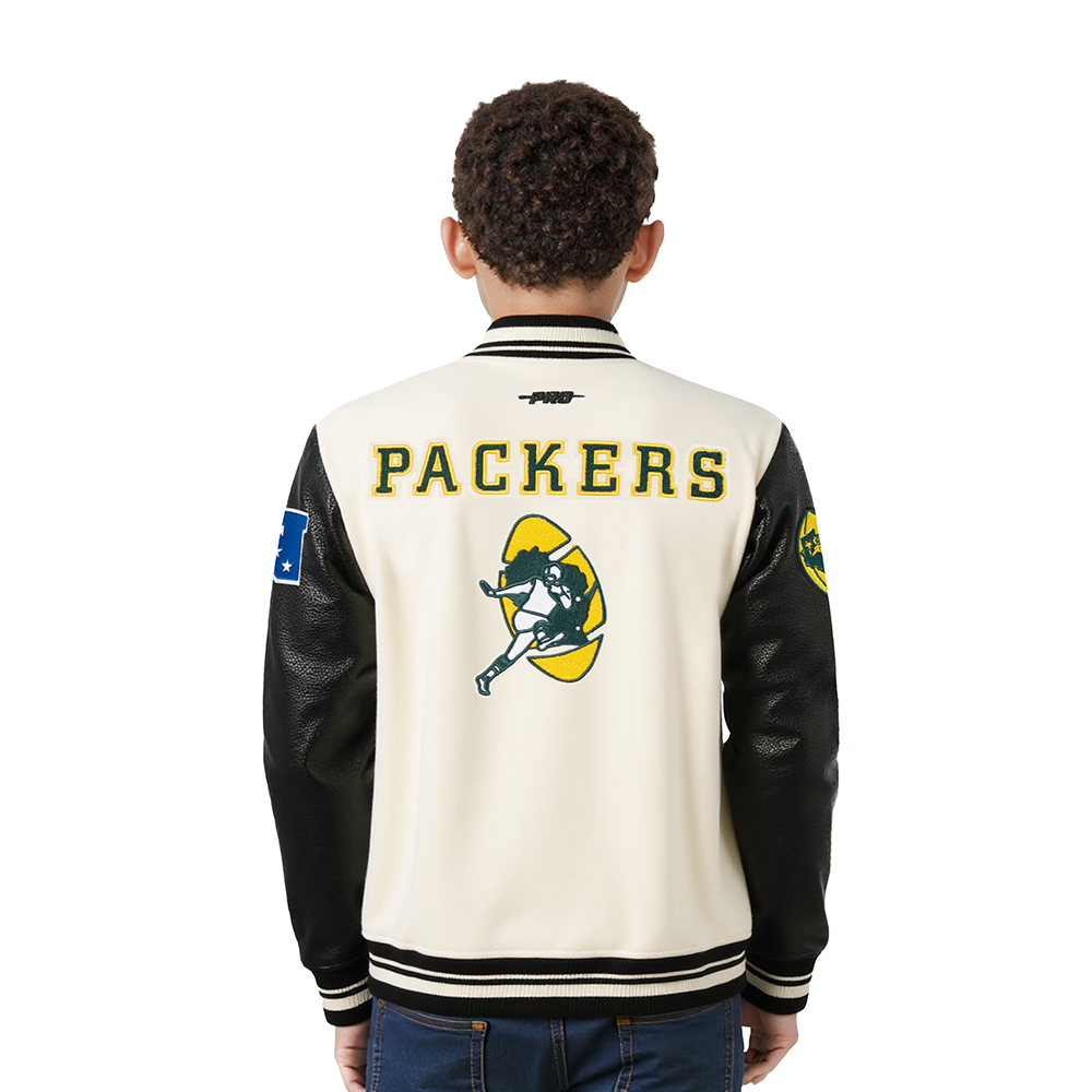 NFL GREEN BAY PACKERS RETRO CLASSIC LITTLE BOY'S RIB WOOL VARSITY JACKET (EGGSHELL/ BLACK)