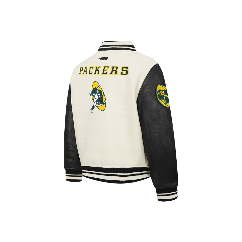 NFL GREEN BAY PACKERS RETRO CLASSIC TODDLER BOY'S RIB WOOL VARSITY JACKET (EGGSHELL/ BLACK)