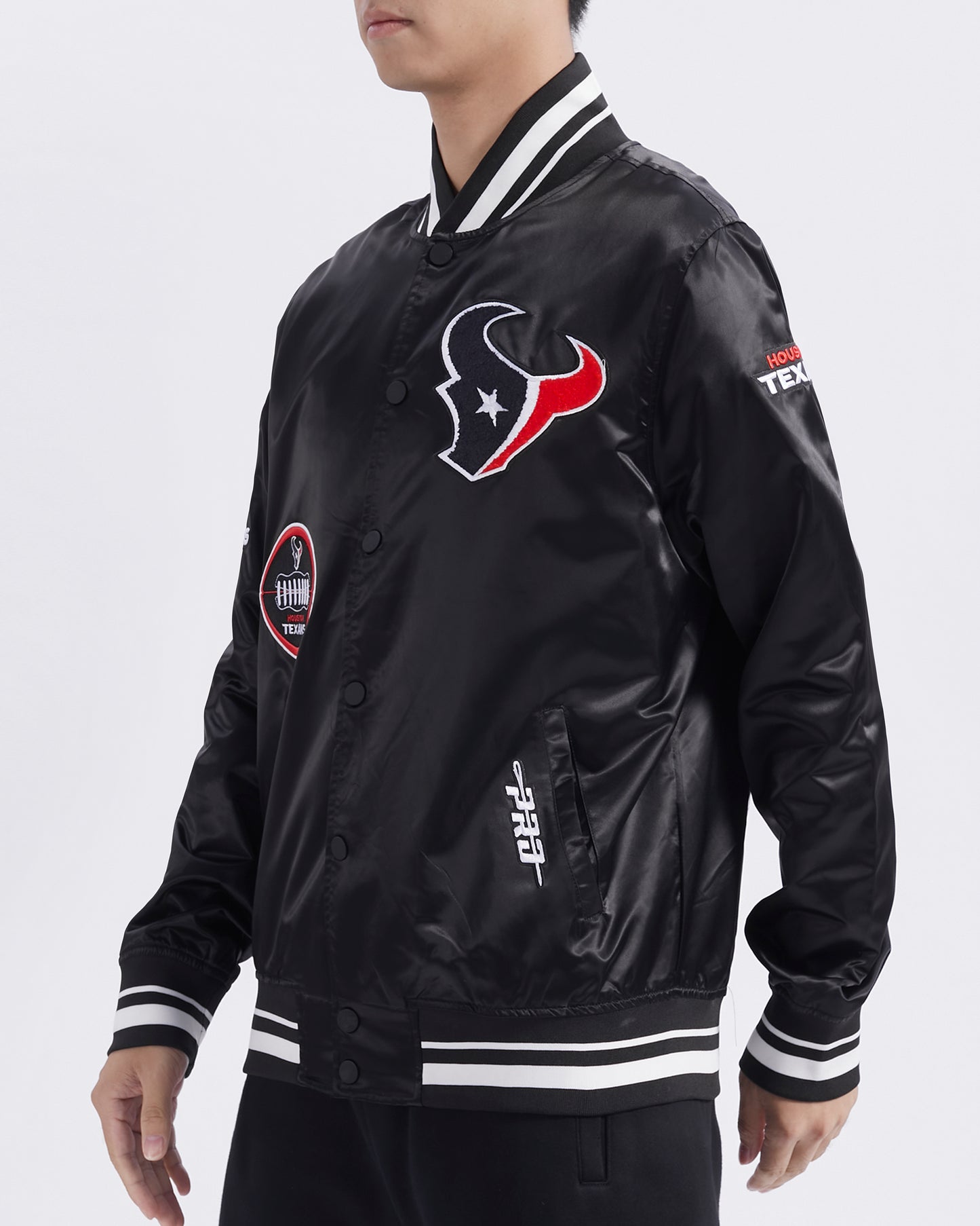 NFL HOUSTON TEXANS CLASSIC OLD ENGLISH MEN'S RIB SATIN JACKET (BLACK)