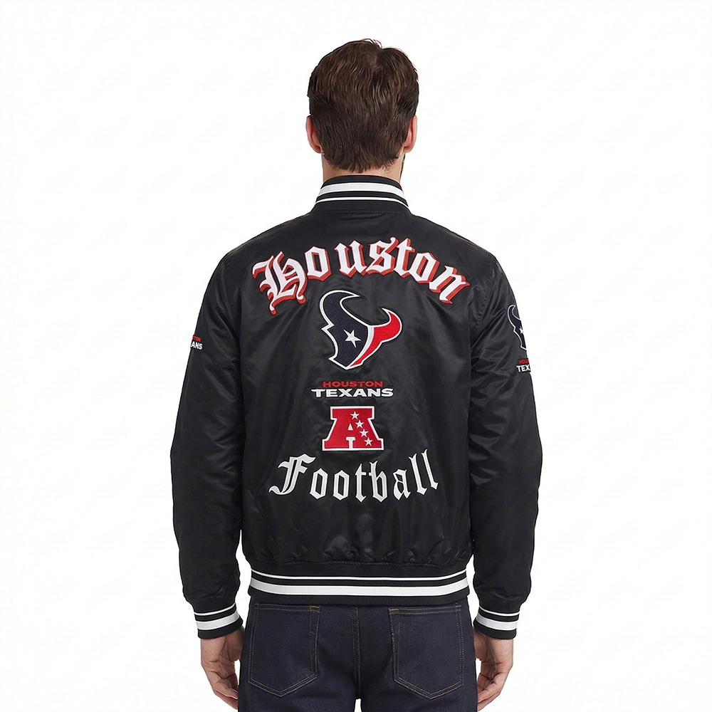 NFL HOUSTON TEXANS CLASSIC OLD ENGLISH MEN'S RIB SATIN JACKET (BLACK)