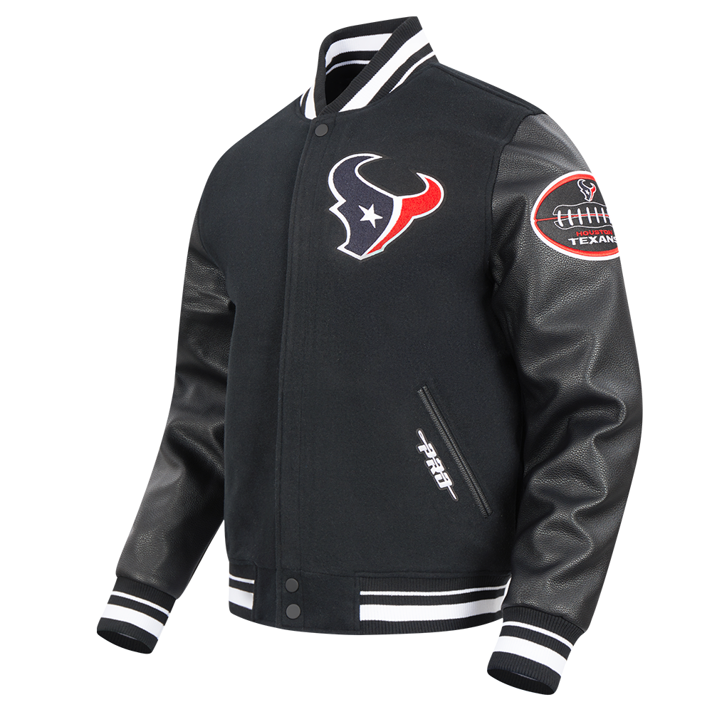 NFL HOUSTON TEXANS CLASSIC OLD ENGLISH MEN'S RIB WOOL VARSITY JACKET (BLACK)