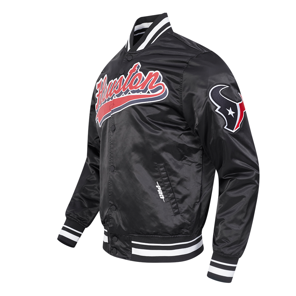 NFL HOUSTON TEXANS SCRIPT TAIL MEN'S RIB SATIN JACKET (BLACK)