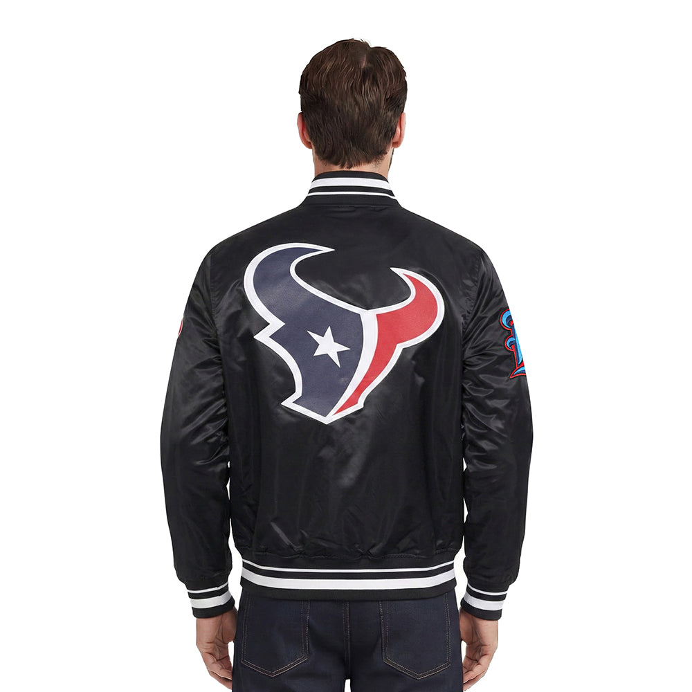NFL HOUSTON TEXANS SCRIPT TAIL MEN'S SATIN JACKET (BLACK)