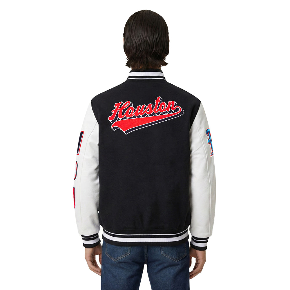 NFL HOUSTON TEXANS SCRIPT TAIL MEN'S RIB WOOL VARSITY JACKET (BLACK/WHITE)