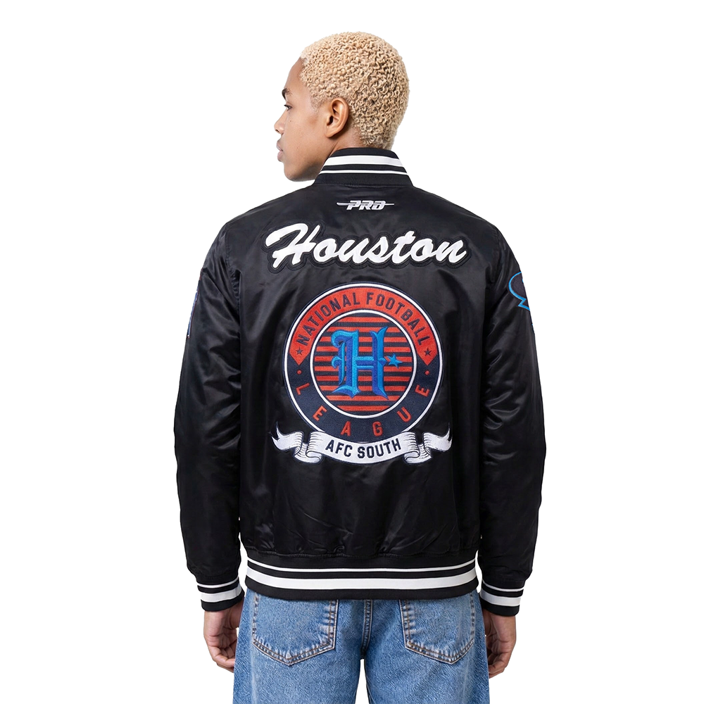 NFL HOUSTON TEXANS TEAM BADGE MEN'S RIB SATIN JACKET (BLACK)